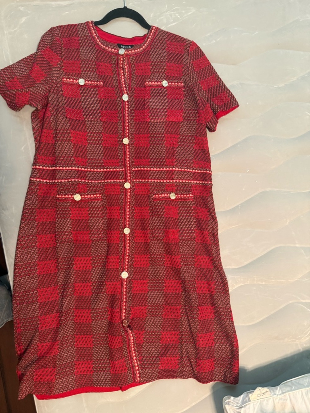 Misook Red Plaid Tweed Midi Dress